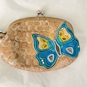 Coach Gold Clutch with Blue Butterfly Design RARE